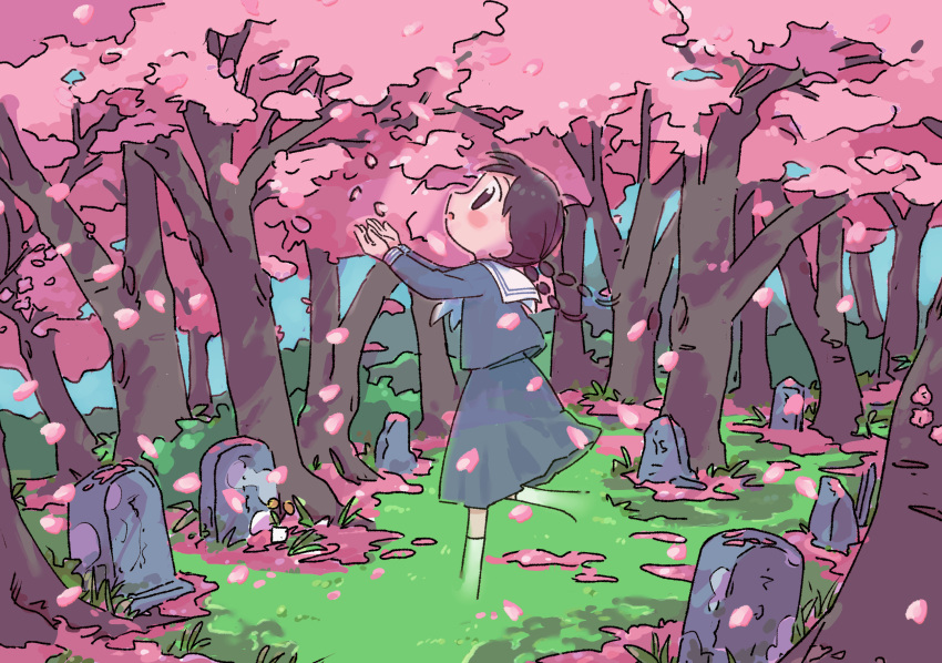 1girl 1nupool :o arms_up bangs blouse blue_blouse blue_skirt blush_stickers braid brown_eyes brown_hair cherry_blossoms dappled_sunlight day fading falling_petals floating_hair flower from_side full_body ghost grass graveyard highres kneehighs leg_up long_hair long_sleeves looking_away looking_up low_twintails medium_skirt no_feet no_pupils open_hands original outdoors outstretched_arms parted_lips petals profile sailor_collar scenery school_uniform serafuku shade skirt sleeve_cuffs solo sunlight tareme tombstone tree_shade twin_braids twintails walking white_legwear white_sailor_collar wind