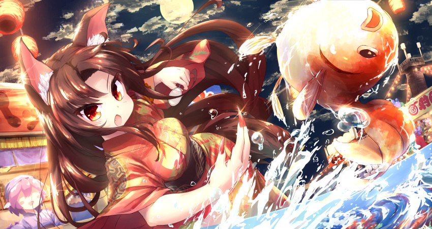 3girls absurdres animal_ears bird_wings blue_bow bow breasts brown_hair commentary commentary_request eyebrows_visible_through_hair festival fingernails fish goldfish hair_bow highres imaizumi_kagerou isu_(is88) japanese_clothes kimono lantern lantern_festival large_breasts long_fingernails long_hair multiple_girls mystia_lorelei night obi open_mouth paper_lantern pink_hair red_eyes red_nails redhead sash sekibanki short_hair tail touhou water wings wolf_ears wolf_tail yukata