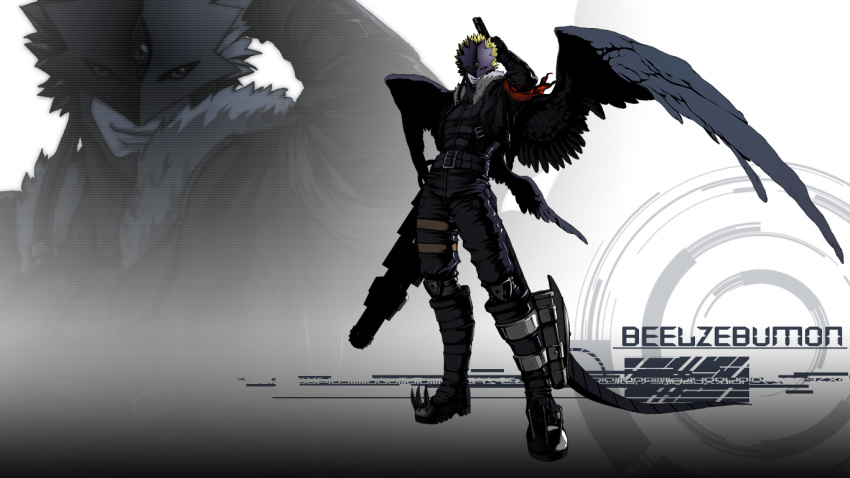 1boy arm_up beelzebumon belt black_belt black_footwear black_jacket black_pants black_shirt black_wings blonde_hair boots character_name digimon extra_eyes feathered_wings full_body fur_trim gatling_gun gloves holding holding_weapon jacket knee_boots leaning_back looking_at_viewer male_focus mask multiple_views multiple_wings open_clothes open_jacket pants sheath shirt spiked_boots standing tail thigh_strap vetania weapon wings