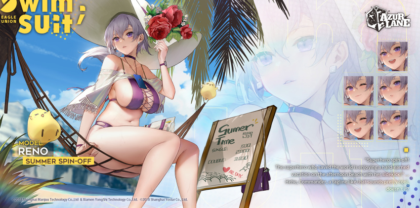 1girl artist_request azur_lane bag bikini black_choker breasts choker earrings english_commentary english_text engrish_text expressions flying hammock handbag hat highres jewelry large_breasts light_purple_hair long_hair manjuu_(azur_lane) navel official_art palm_leaf ponytail price_list purple_bag purple_bikini ranguage reno_(azur_lane) reno_(summer_spin-off)_(azur_lane) sagging_breasts sign skindentation solo sun_hat swimsuit violet_eyes watch zoom_layer