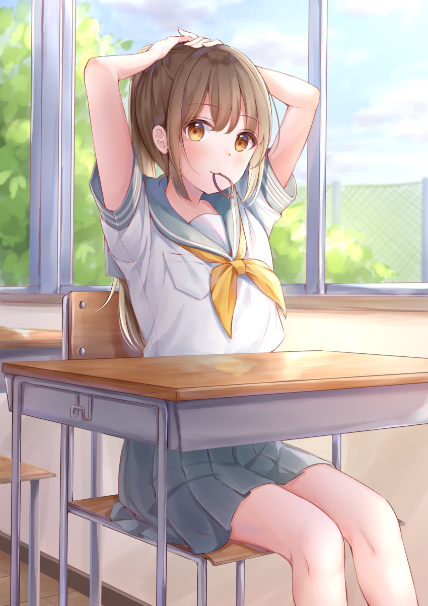 1girl arms_up bangs blush brown_eyes brown_hair chain-link_fence chair classroom closed_mouth commentary_request day desk eyebrows_visible_through_hair feet_out_of_frame fence grey_sailor_collar grey_skirt hair_between_eyes hair_tie hair_tie_in_mouth highres indoors long_hair looking_at_viewer mouth_hold neckerchief on_chair original pleated_skirt poe_(528yuzunon) ponytail sailor_collar school_chair school_desk school_uniform serafuku shirt short_sleeves sidelocks sitting skirt smile solo tying_hair very_long_hair white_shirt window yellow_neckwear