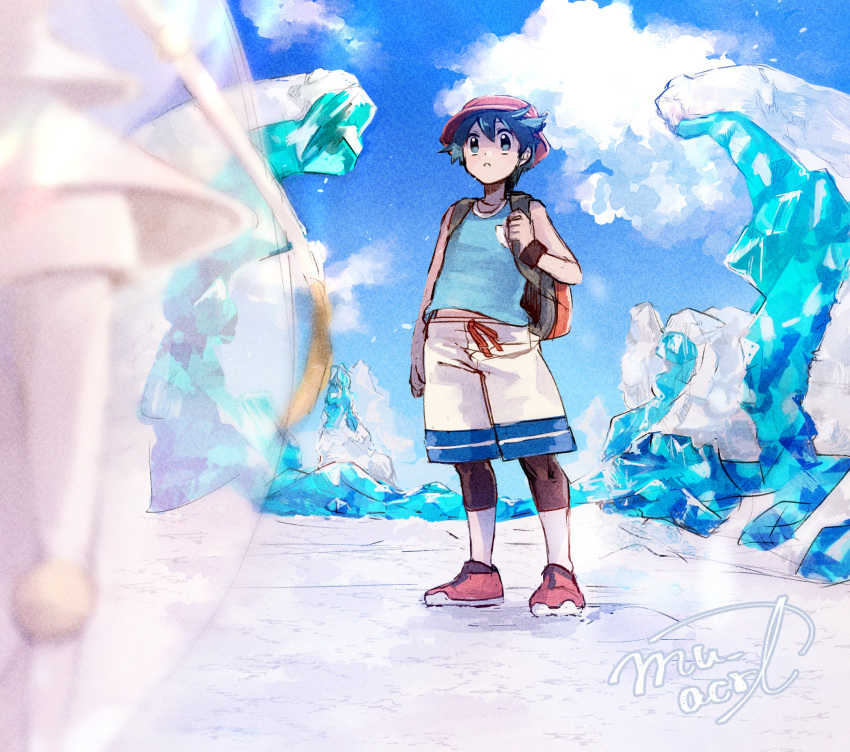 1boy arm_at_side backpack bag bangs black_hair clouds commentary_request crystal day elio_(pokemon) gen_7_pokemon hanenbo hat highres holding_strap looking_at_another outdoors pheromosa pokemon pokemon_(creature) pokemon_(game) pokemon_usum red_headwear shoes short_hair shorts signature sky standing tank_top ultra_beast