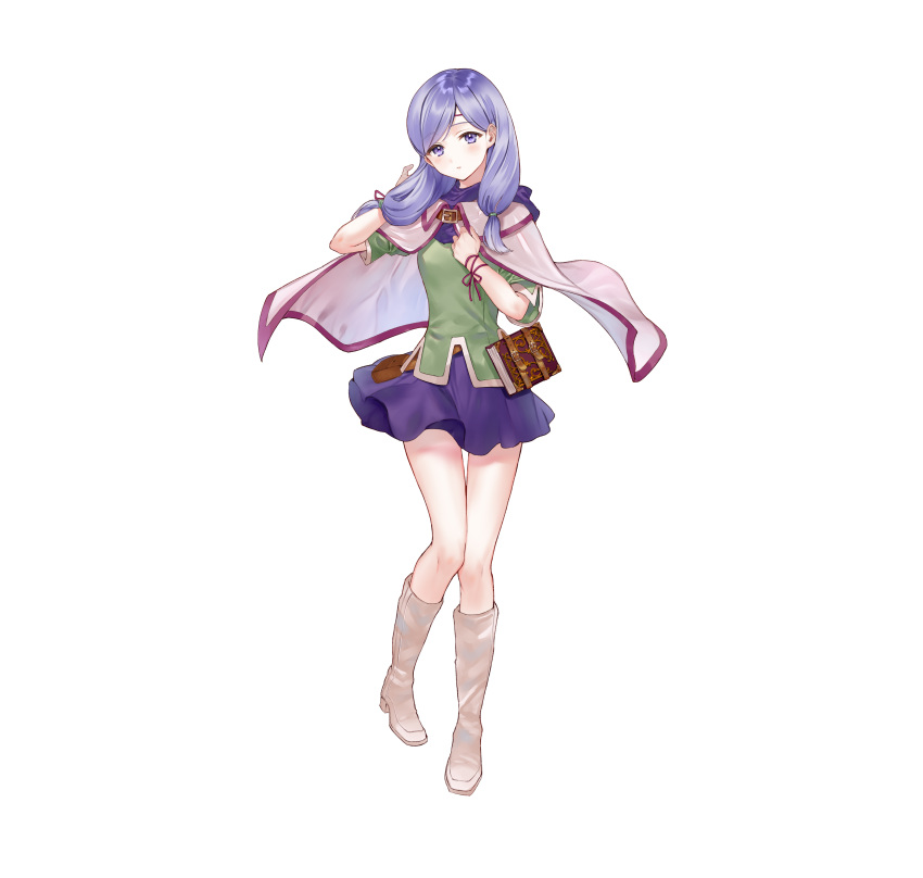 1girl absurdres bangs belt_pouch blush book boots cape capelet circlet commentary_request eyebrows_visible_through_hair fire_emblem fire_emblem:_path_of_radiance fire_emblem_heroes hand_on_own_chest hand_up hanekoto highres ilyana_(fire_emblem) jewelry knee_boots long_hair looking_at_viewer miniskirt official_art pouch purple_hair purple_skirt shiny shiny_hair short_sleeves simple_background skirt solo standing tied_hair violet_eyes white_background white_footwear