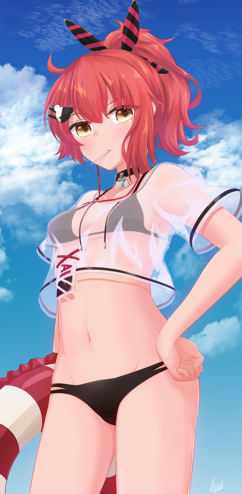 1girl absurdres alternate_costume bikini breasts candy commission food girls_frontline groin high_ponytail highres lexis_yayoi lollipop looking_at_viewer medium_breasts medium_hair mp7_(girls_frontline) navel redhead see-through skeb_commission solo swimsuit yellow_eyes