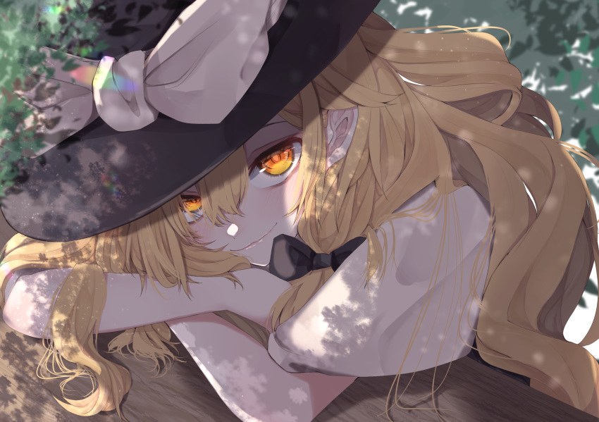 1girl arm_pillow black_bow blonde_hair bow crossed_arms dappled_sunlight day fall_dommmmmer hair_between_eyes hair_bow hair_ribbon hat head_rest highres kirisame_marisa lipstick long_hair looking_at_viewer makeup orange_eyes ribbon short_sleeves smile smirk solo sunlight touhou tress_ribbon upper_body white_bow witch_hat