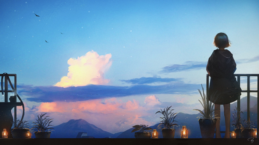 1girl anna_(drw01) barefoot bird black_jacket candle clouds facing_away highres hood hooded_jacket hose jacket mountainous_horizon original plant potted_plant scenery short_hair standing