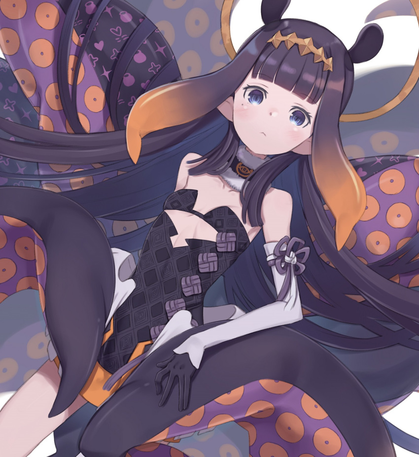 1girl :&lt; bangs bare_shoulders black_dress black_gloves black_hair blue_eyes blurry blurry_background blush breasts brown_hair closed_mouth commentary_request depth_of_field detached_sleeves dress dutch_angle eyebrows_visible_through_hair gloves gradient_hair halo headpiece highres hololive hololive_english long_hair long_sleeves looking_at_viewer multicolored_hair ninomae_ina'nis simple_background single_detached_sleeve sleeves_past_wrists small_breasts solo strapless strapless_dress tentacles totatokeke very_long_hair virtual_youtuber white_background white_sleeves