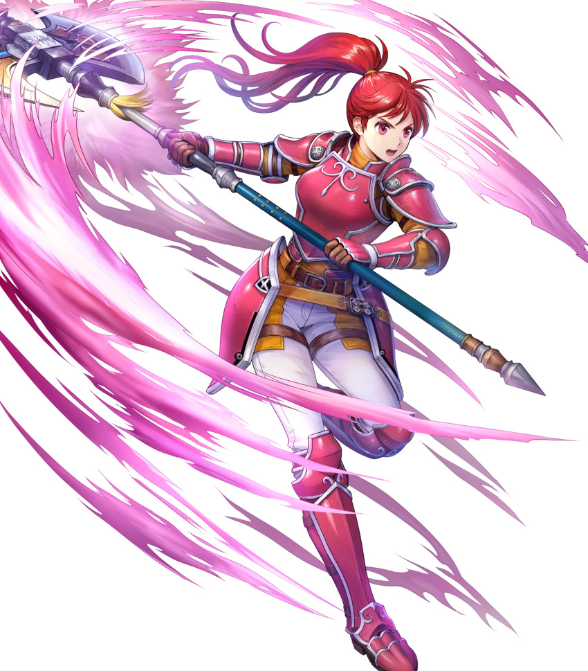 1girl armor armored_boots asatani_tomoyo axe bangs battle_axe belt boots breastplate elbow_pads fire_emblem fire_emblem:_path_of_radiance fire_emblem_heroes gauntlets hand_up high_ponytail highres holding holding_weapon jill_(fire_emblem) leg_up long_hair long_sleeves looking_away official_art open_mouth pants polearm ponytail red_armor red_eyes redhead shiny shiny_hair shoulder_armor solo tied_hair transparent_background weapon white_pants