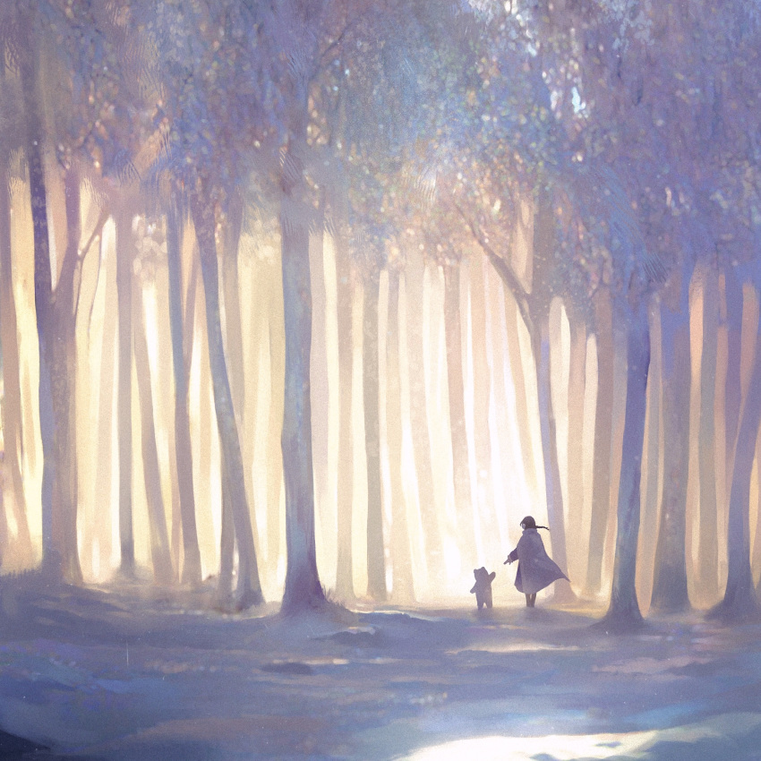 1girl anna_(drw01) bear black_hair cloak day facing_away forest highres long_hair nature original outdoors scenery walking