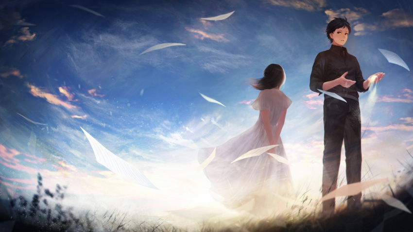 1boy 1girl anna_(drw01) arms_behind_back black_eyes black_hair black_pants blue_sky dress facing_away grass pants papers scenery sky standing vocaloid white_dress