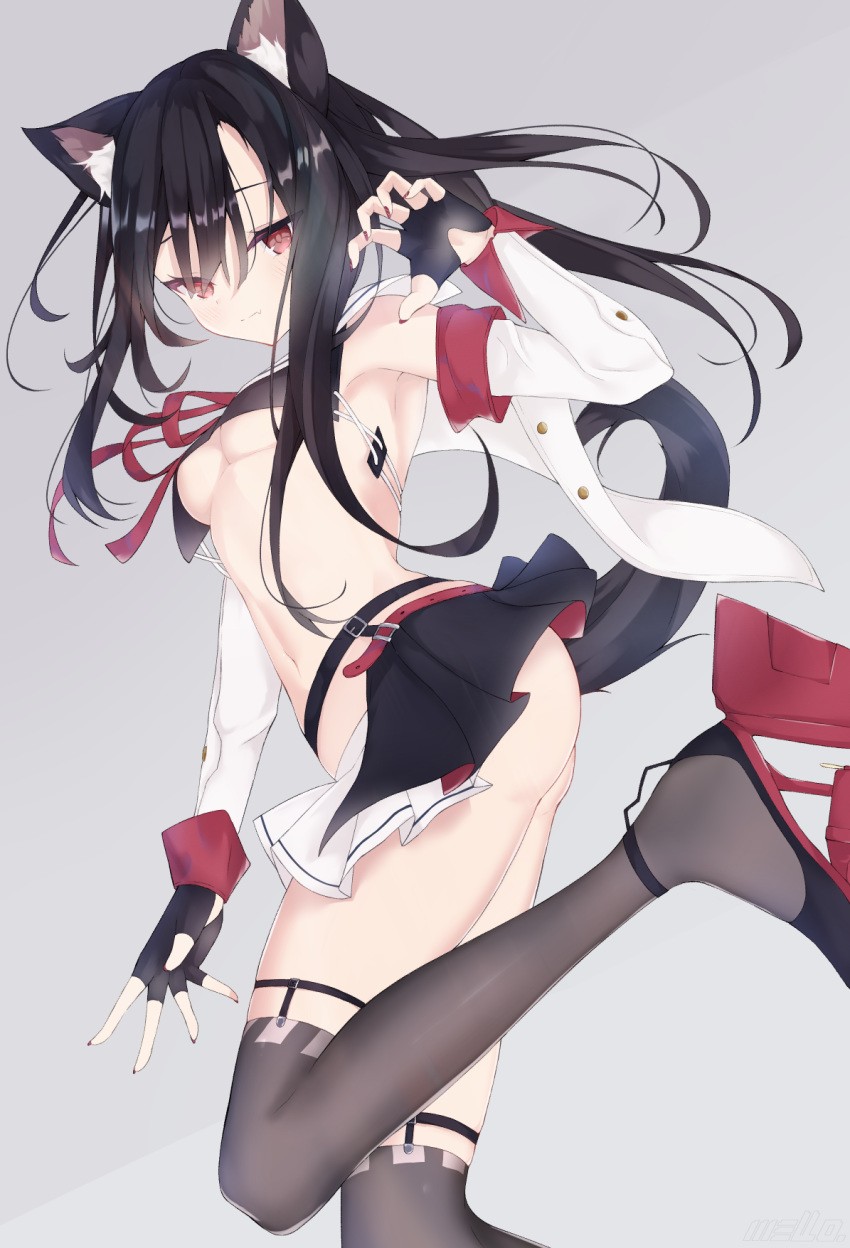 1girl animal_ear_fluff animal_ears ass azur_lane black_gloves black_hair black_legwear black_skirt blush breasts closed_mouth commentary cowboy_shot crop_top fang fingerless_gloves gloves grey_background hair_between_eyes highres jacket long_hair long_sleeves looking_at_viewer medium_breasts mello. midriff miniskirt nail_polish navel open_clothes open_jacket pleated_skirt red_eyes red_footwear red_nails retrofit_(azur_lane) sailor_collar shigure_(azur_lane) simple_background skin_fang skindentation skirt solo thigh-highs thigh_strap thighs two-tone_skirt under_boob white_jacket white_skirt