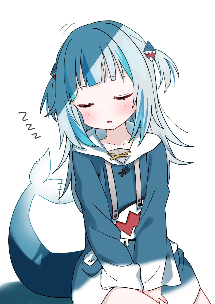 1girl blue_hair blue_jacket closed_eyes facing_viewer gawr_gura h_(2de1flf8) hair_ornament highres hololive hololive_english hood hood_down hooded_jacket jacket long_sleeves motion_lines multicolored_hair parted_lips shark_girl shark_tail simple_background sleeping solo streaked_hair tail two_side_up v_arms virtual_youtuber white_background zzz
