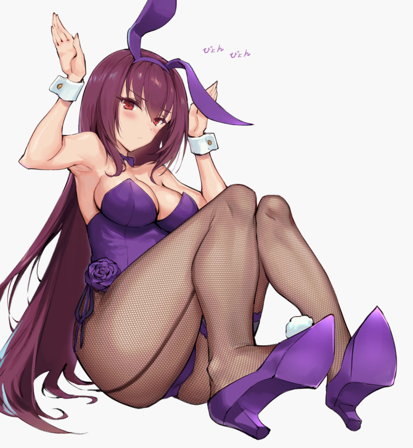 1girl animal_ears bangs blush breasts bunny_pose bunnysuit closed_mouth detached_collar fate/grand_order fate_(series) fishnet_legwear fishnets hair_between_eyes hands_up haoni high_heels highleg highleg_leotard highres large_breasts legs leotard long_hair looking_at_viewer purple_footwear purple_hair purple_leotard rabbit_ears red_eyes scathach_(fate)_(all) scathach_(fate/grand_order) simple_background translation_request white_background