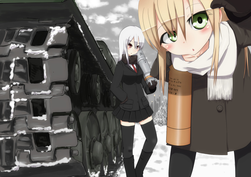 2girls black_eyes black_hair blonde_hair breasts caterpillar_tracks clouds cloudy_sky coat collarbone day gloves green_eyes ground_vehicle highres is-2 long_hair military military_vehicle motor_vehicle multiple_girls necktie open_mouth original red_eyes scarf shirt skirt sky snow tank tank_shell thigh-highs tree white_hair zafuri_(yzrnegy)