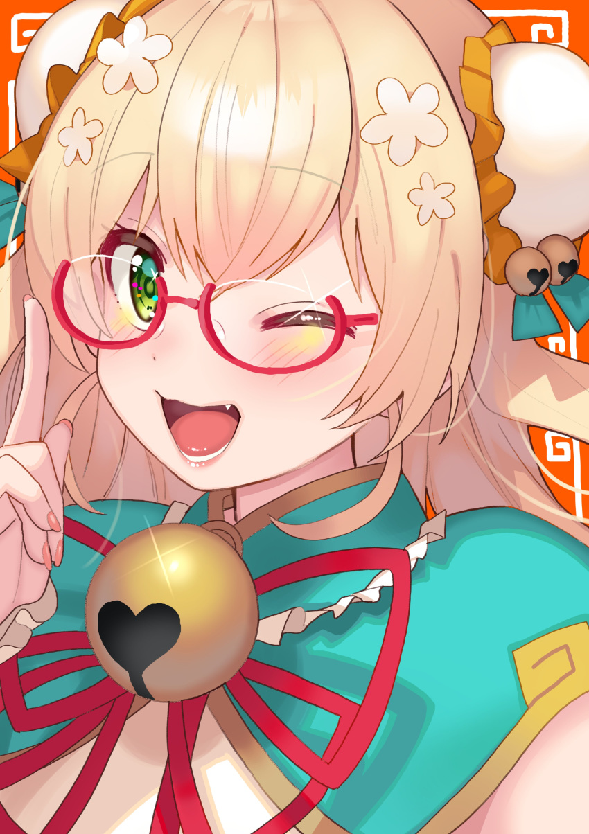 1girl absurdres bangs bell bun_cover double_bun eyebrows_visible_through_hair glasses green_eyes highres hololive index_finger_raised jingle_bell light_brown_hair long_hair looking_at_viewer momosuzu_nene neck_ribbon one_eye_closed open_mouth red-framed_eyewear red_ribbon ribbon semi-rimless_eyewear smile solo tonari_no_kai_keruberosu under-rim_eyewear upper_body virtual_youtuber