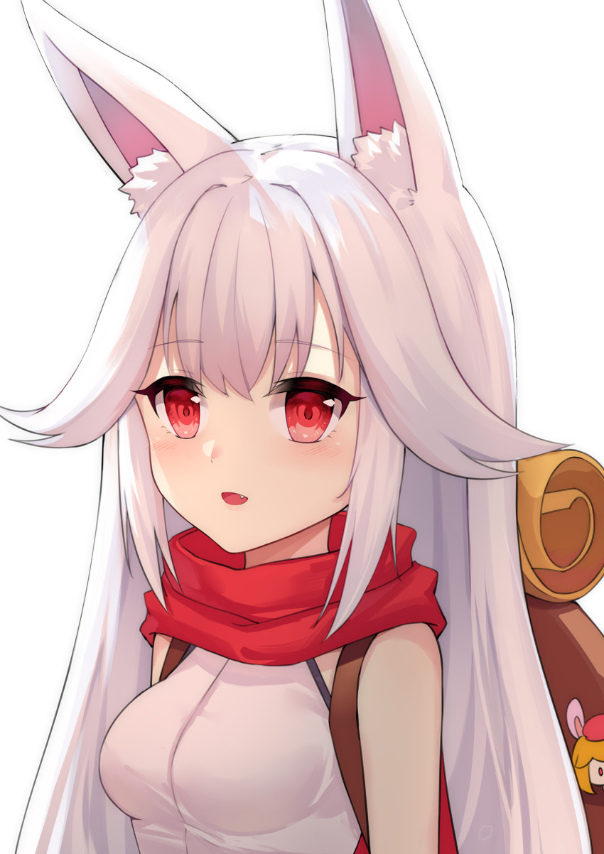 1girl :d animal_ear_fluff animal_ears backpack bag bag_charm bare_shoulders blush breasts charm_(object) commentary fang fox_ears hair_flaps highres long_hair looking_away medium_breasts open_mouth original red_eyes red_scarf scarf shirt sidelocks simple_background sleeveless sleeveless_shirt smile solo symbol_commentary upper_body white_background white_hair white_shirt ying_jing_meng