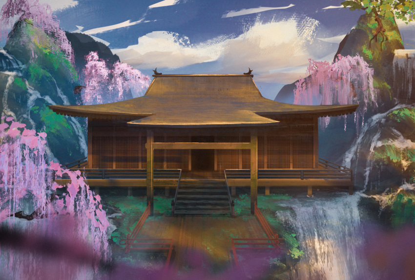 architecture building cherry_blossoms clouds commentary east_asian_architecture highres house mountain nature no_humans rajawat scenery sekiro:_shadows_die_twice sky spring_(season) stairs tree veranda water waterfall