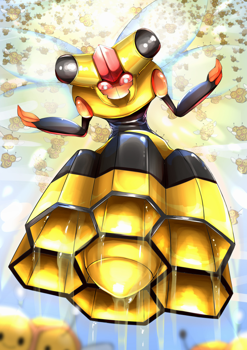 absurdres ashraely combee commentary crystal day english_commentary flying forehead_jewel full_body gen_4_pokemon hands_up highres honey insect_wings looking_down no_mouth outdoors pokemon pokemon_(creature) red_sclera shiny shiny_skin solo_focus vespiquen white_eyes wings