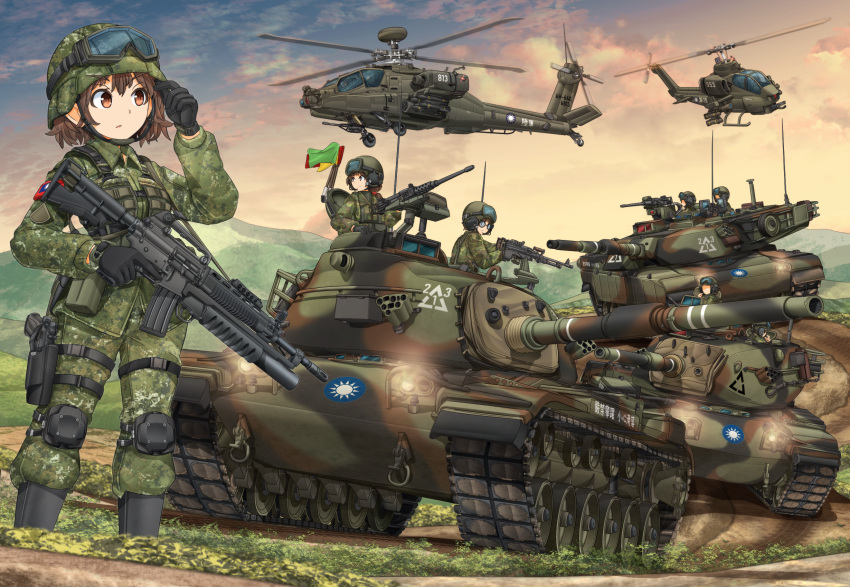 3girls 6+others adjusting_clothes adjusting_headwear ah-64_apache aircraft assault_rifle bangs black_footwear black_gloves blue_sky body_armor boots brown_eyes brown_hair browning_m2 camouflage camouflage_headwear camouflage_jacket camouflage_pants closed_mouth clouds cloudy_sky cm-11_brave_tiger combat_boots commentary_request dusk english_commentary eyebrows_visible_through_hair flag glasses gloves goggles goggles_on_headwear gradient_sky green_headwear green_jacket green_pants ground_vehicle gun handgun headphones headset helicopter helmet highres holding holding_weapon holster jacket knee_pads long_sleeves looking_back looking_to_the_side m1_abrams m240 machine_gun magazine_(weapon) mikeran_(mikelan) military military_uniform military_vehicle motion_blur motor_vehicle multiple_girls multiple_others orange_sky original outdoors pants republic_of_china_army republic_of_china_flag rifle roundel short_hair sky standing t91_assault_rifle tank thigh_holster trigger_discipline uniform weapon