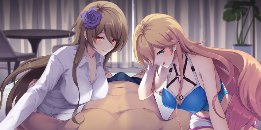 1boy 2girls :q absurdres bed_sheet bedroom bianka_durandal_ataegina blonde_hair blue_eyes blue_flower blue_rose blush breasts brown_hair chair clothed_female_nude_male commentary curtains flower hair_between_eyes hair_flower hair_ornament hair_over_one_eye highres honkai_(series) honkai_impact_3rd indoors large_breasts licking_lips long_hair looking_at_viewer mole mole_under_eye multiple_girls nude on_bed out_of_frame plant potted_plant pov red_eyes rita_rossweisse rita_rossweisse_(fallen_rosemary) rose shirt shorts sitting smile sunlight swimsuit table tongue tongue_out very_long_hair white_shirt window