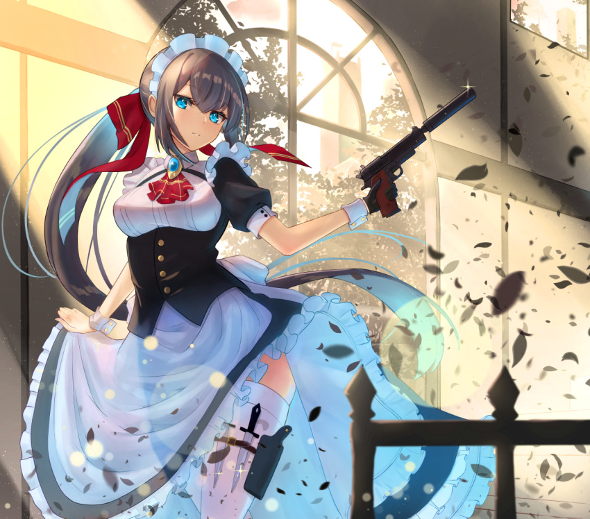 1girl black_gloves blue_eyes breasts brown_hair commentary_request commission debris dress dress_lift expressionless gloves gun handgun holster inari_(ambercrown) knife long_hair looking_at_viewer maid maid_dress maid_headdress medium_breasts original partial_commentary pistol railing solo sparkle suppressor thigh-highs thigh_strap very_long_hair weapon white_legwear window wrist_cuffs
