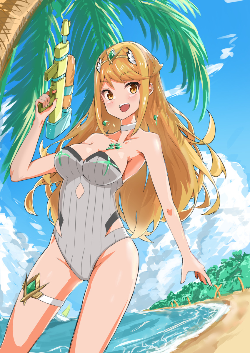 1girl :d absurdres aotsuba bangs bare_arms bare_legs bare_shoulders beach blonde_hair blue_sky blush breasts chest_jewel choker cowboy_shot day dutch_angle earrings eyebrows_visible_through_hair groin highres mythra_(xenoblade) holding holding_water_gun jewelry long_hair medium_breasts monolith_soft monster_games mythra_(xenoblade) nintendo one-piece_swimsuit open_mouth outdoors palm_tree sky smile solo strapless strapless_swimsuit summer swept_bangs swimsuit thigh_strap tree upper_teeth water_gun white_choker white_swimsuit xenoblade_2 xenoblade_chronicles_(series) xenoblade_chronicles_2 yellow_eyes