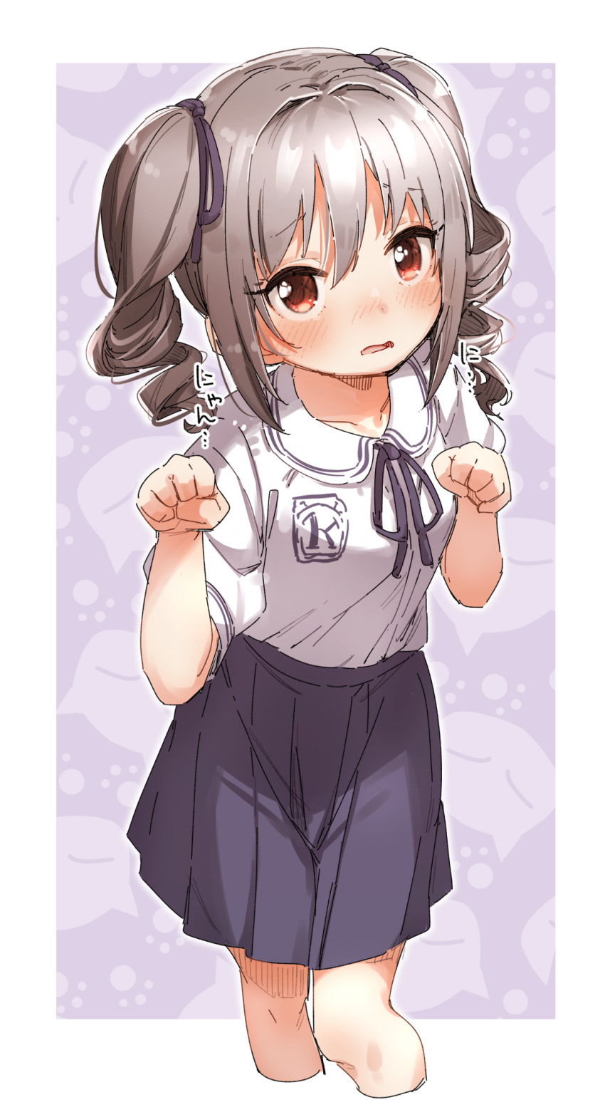 1girl bangs blush collared_shirt cropped_legs dress_shirt drill_hair eyebrows_visible_through_hair grey_hair hair_between_eyes hair_ribbon hands_up highres idolmaster idolmaster_cinderella_girls kanzaki_ranko looking_at_viewer neck_ribbon parted_lips paw_pose pleated_skirt puffy_short_sleeves puffy_sleeves purple_ribbon purple_skirt red_eyes ribbon shirt short_sleeves skirt solo translation_request twin_drills white_shirt yukie_(kusaka_shi)