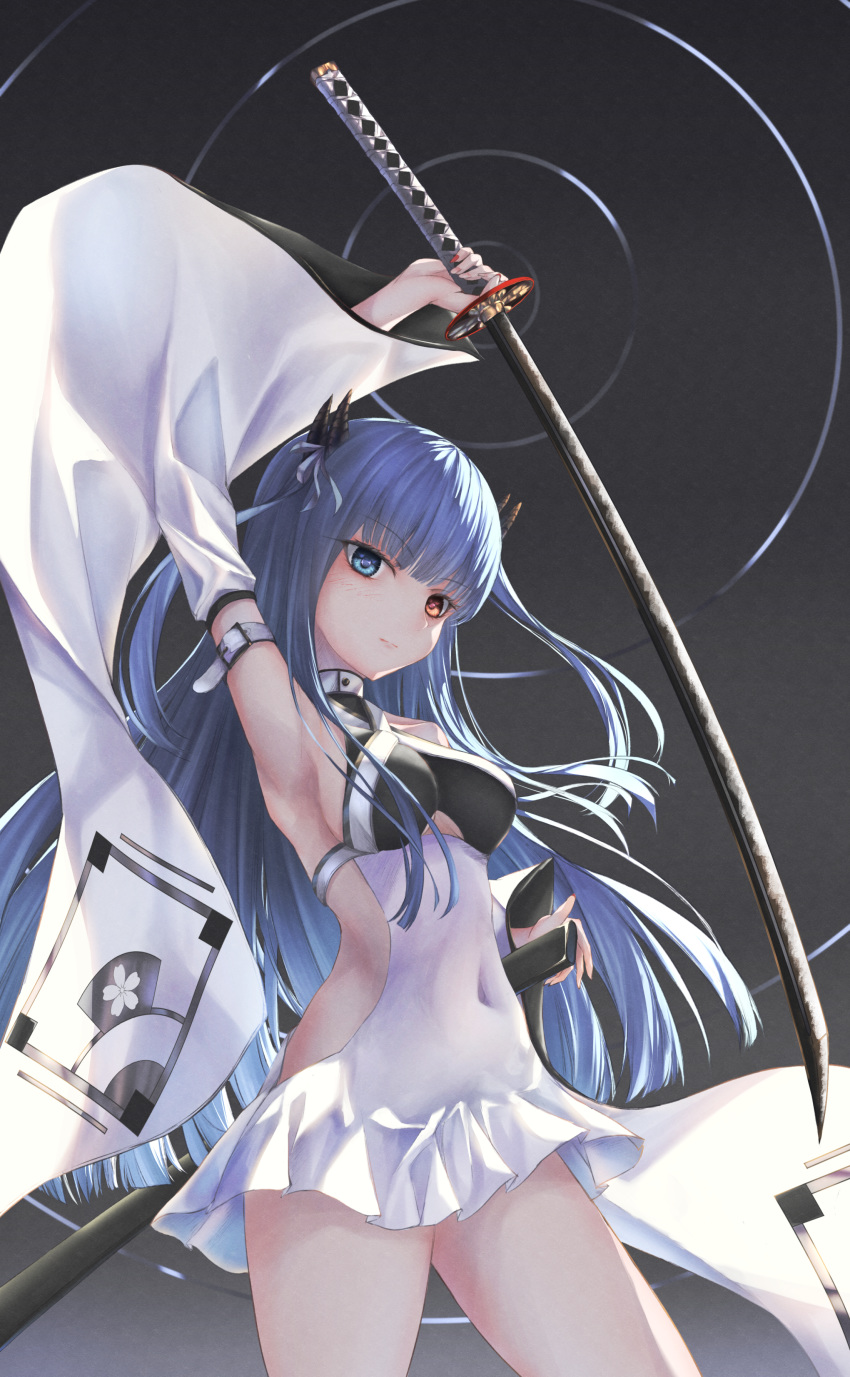 1girl absurdres amane_utata armpits azur_lane blue_eyes blue_hair breasts commentary_request detached_sleeves dress from_below heterochromia highres holding holding_sword holding_weapon ibuki_(azur_lane) katana long_hair looking_at_viewer looking_down medium_breasts red_eyes short_dress sideboob solo sword very_long_hair weapon white_dress white_sleeves wide_sleeves
