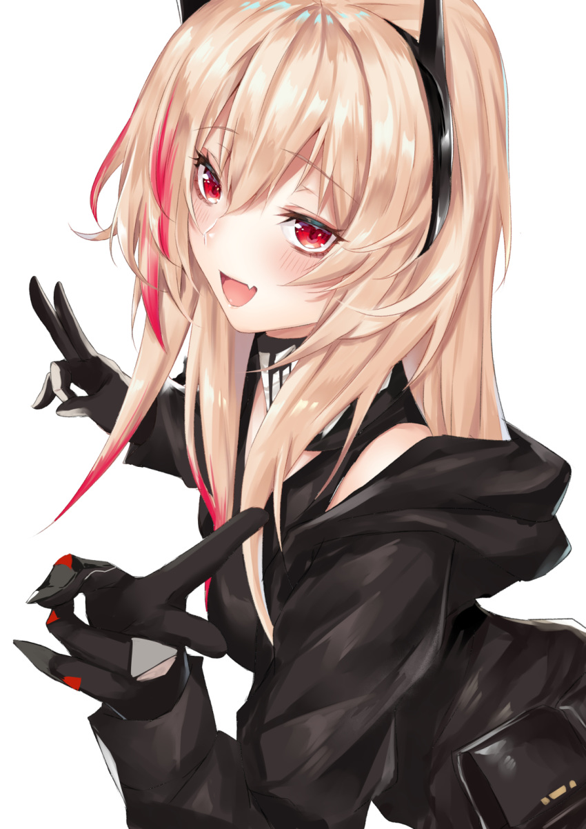 black_gloves black_jacket black_scarf black_tank_top blonde_hair coffeedog commentary_request eyebrows eyebrows_visible_through_hair fang girls_frontline gloves hair_over_shoulder happy head_tilt headgear highres jacket long_hair m4_sopmod_ii_(girls_frontline) multicolored_hair open_mouth pouch red_eyes redhead scarf shiny shiny_hair sidelocks simple_background smile tank_top v white_background