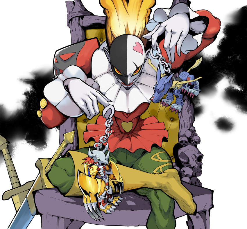 absurdres boots chair clown commentary_request digimon digimon_adventure frills gloves highres keychain knee_boots lipstick makeup male_focus metalgarurumon muscle neck_ruff piemon red_eyes scar scar_across_eye simple_background sitting smile solo_focus sword tutu wargreymon weapon white_gloves wooden_chair yellow_sclera yeo_yee_heng