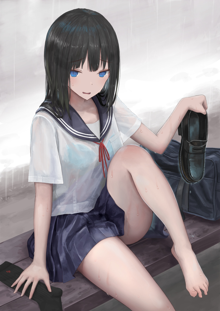 1girl bangs barefoot black_hair blue_bra blue_eyes bra eyebrows_visible_through_hair highres long_hair looking_at_viewer nihoshi_(bipedal_s) original pleated_skirt rain sailor_collar school_uniform see-through serafuku shirt shoes_removed sitting skirt solo underwear wet wet_clothes wet_shirt