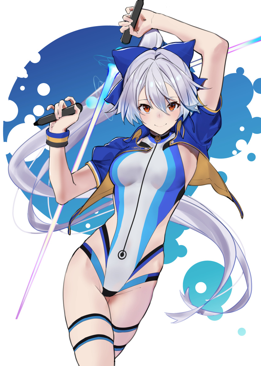 1girl absurdres arms_up bangs blue_bow blue_jacket blue_swimsuit blush bow breasts closed_mouth dual_wielding energy_sword fate/grand_order fate_(series) hair_between_eyes hair_bow highleg highleg_swimsuit highres holding jacket jikatarou large_breasts long_hair looking_at_viewer one-piece_swimsuit ponytail red_eyes short_sleeves silver_hair smile swimsuit sword thigh-highs thigh_strap tomoe_gozen_(fate/grand_order) tomoe_gozen_(swimsuit_saber)_(fate) two-tone_swimsuit very_long_hair weapon white_swimsuit