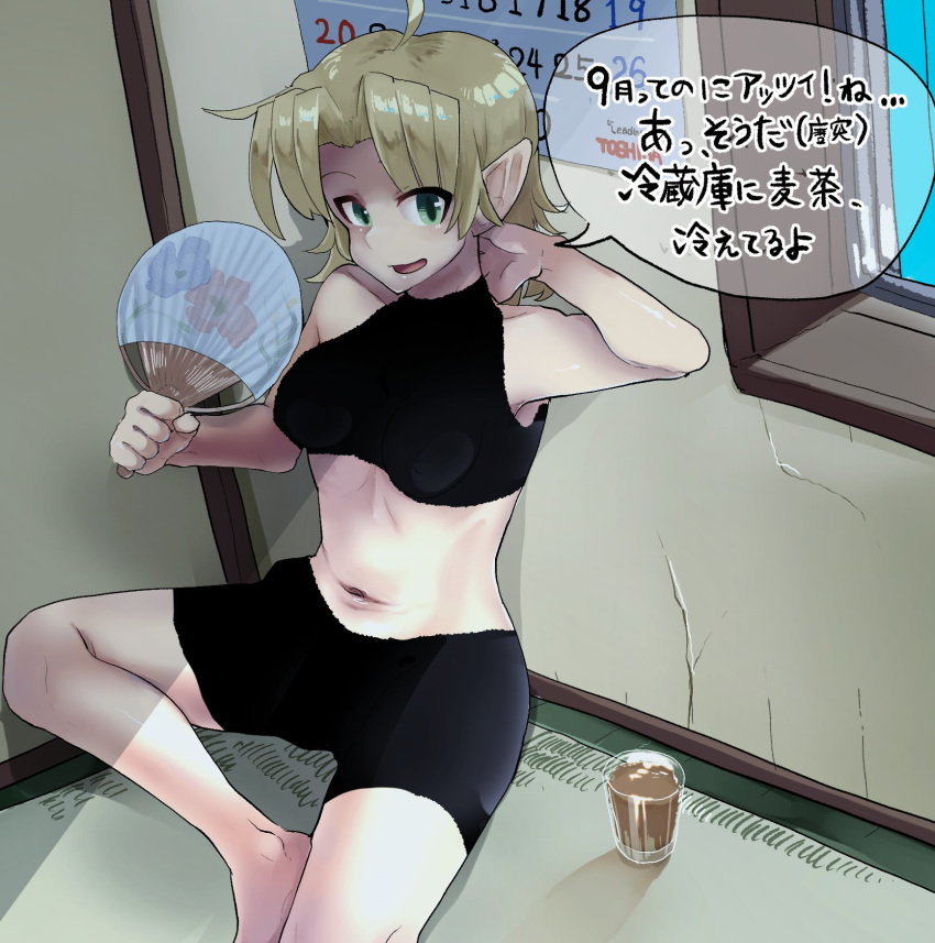 1girl ahoge arm_up bike_shorts black_clothes blonde_hair breasts calendar_(object) cookie_(touhou) corner cracked_wall cup eyes_visible_through_hair fan floral_print foot_out_of_frame glass green_eyes hand_on_own_neck highres irasto joker_(cookie) medium_breasts midriff mizuhashi_parsee navel open_mouth paper_fan pointy_ears shadow speech_bubble sports_bra toshiba touhou translation_request window