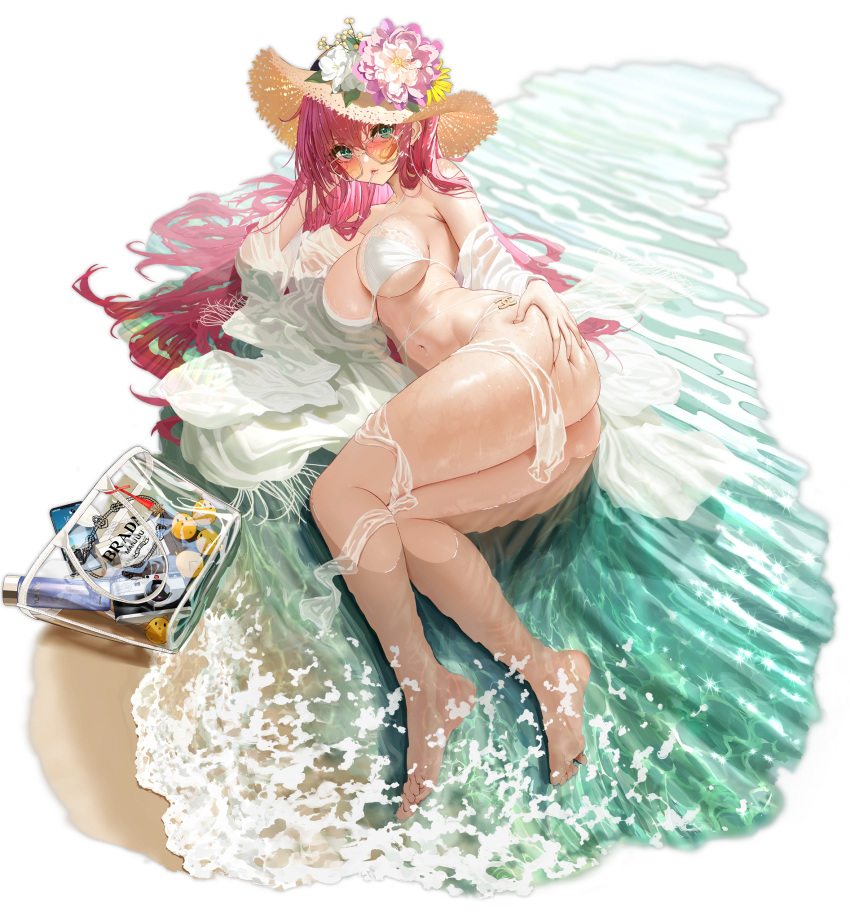 1girl aqua_eyes ass azur_lane bag bare_shoulders barefoot beach bikini breasts brown_headwear flower full_body hat hat_flower highres large_breasts long_hair looking_at_viewer lying mouth_hold multi-strapped_bikini navel off_shoulder official_art on_side pink_hair see-through solo straw_hat string_bikini sunglasses surcouf_(azur_lane) surcouf_(loisirs_balneaires)_(azur_lane) swimsuit thighs tinted_eyewear transparent_background water wet wet_clothes white_bikini yunsang