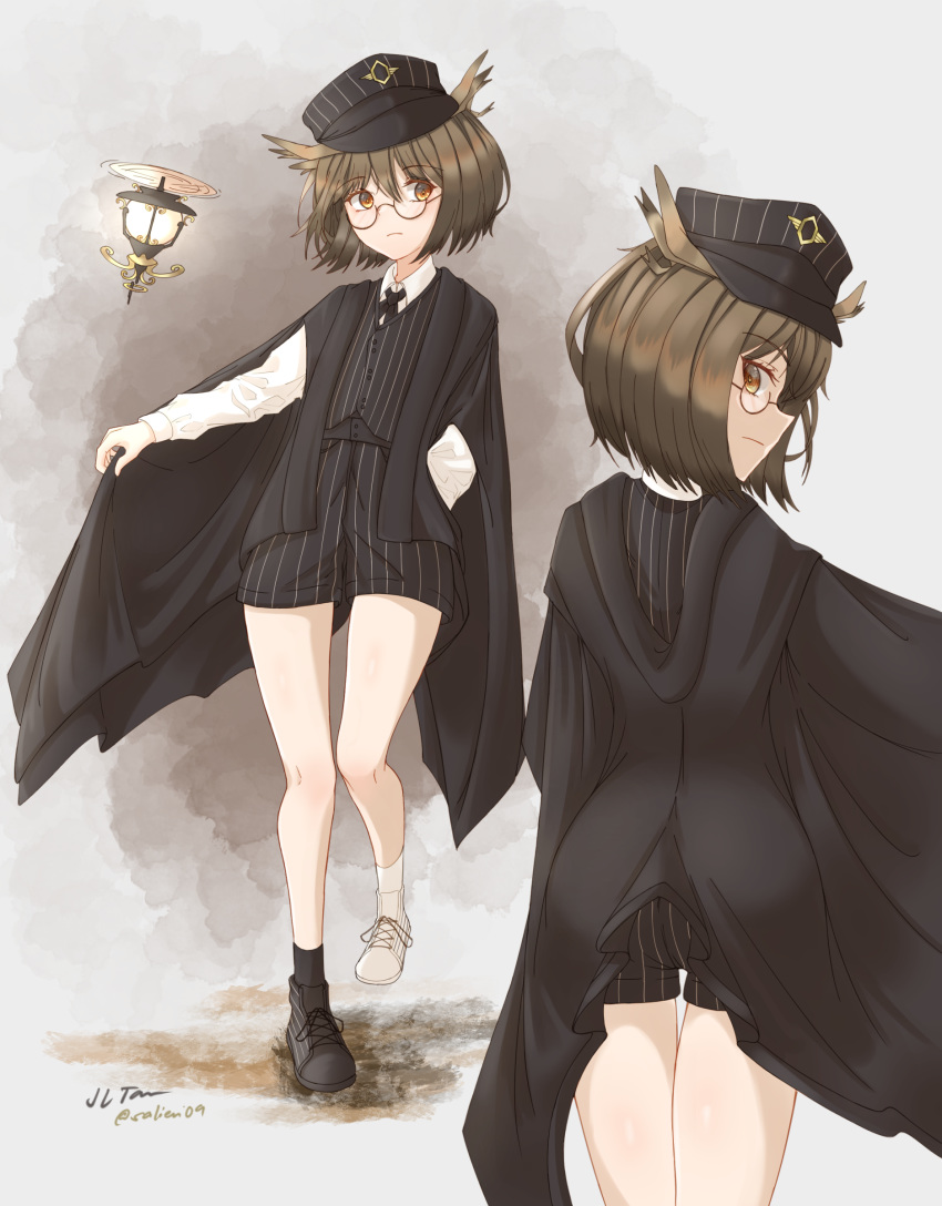 1girl absurdres alternate_costume arknights asymmetrical_legwear brown_eyes brown_hair cape closed_mouth drone eyebrows_visible_through_hair hat highres looking_at_viewer salieri09 short_hair silence_(arknights) simple_background solo victorian