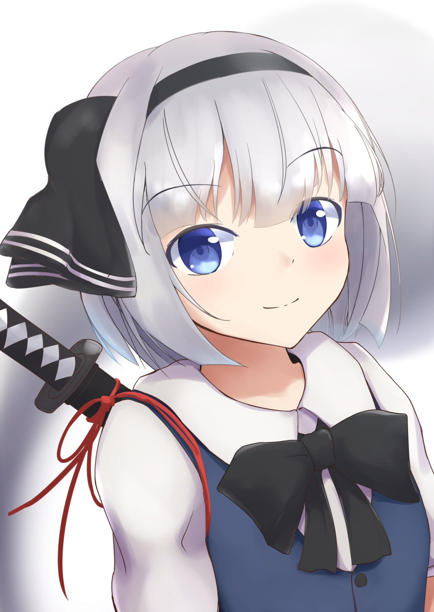 1girl alternate_color bangs black_neckwear blue_eyes blue_vest bob_cut bow bowtie commentary_request eyebrows_visible_through_hair hair_ribbon highres konpaku_youmu konpaku_youmu_(ghost) leaning_to_the_side looking_at_viewer partial_commentary resa_7z_(resastr) ribbon scabbard sheath sheathed shirt short_hair short_sleeves silver_hair simple_background smile solo sword touhou upper_body vest weapon white_background white_shirt