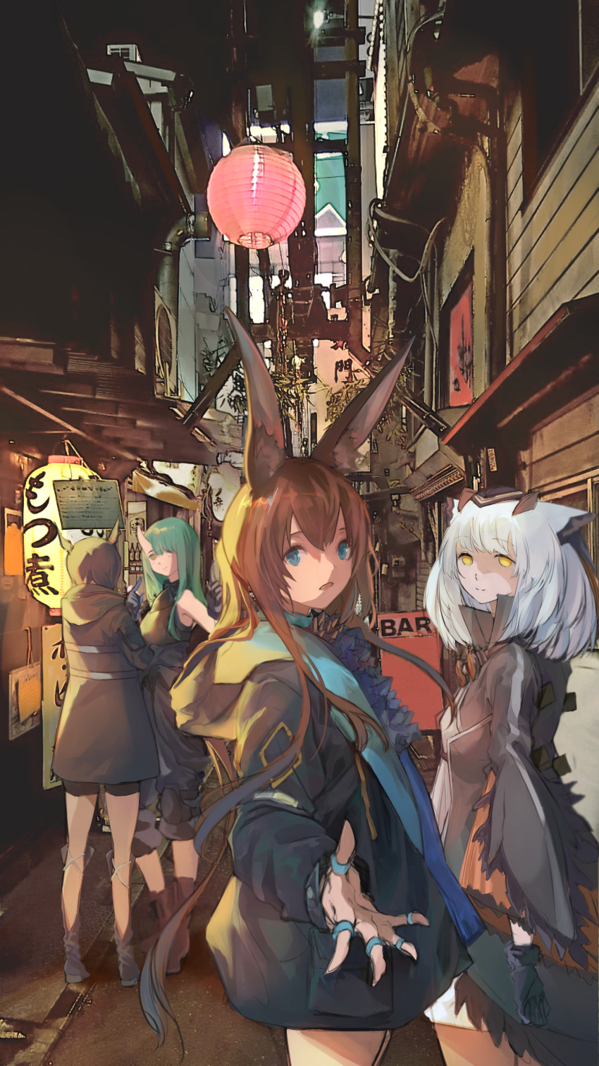 4girls absurdres amiya_(arknights) animal_ears arknights blue_eyes brown_hair ch'en_(arknights) city green_hair highres horns hoshiguma_(arknights) huge_filesize long_hair multiple_girls photoshop_(medium) ptilopsis_(arknights) rabbit_ears saitogiulio short_hair single_horn white_hair yellow_eyes