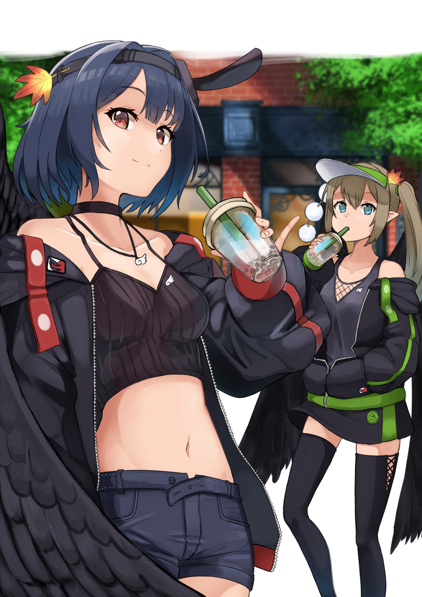 2girls absurdres bangs bare_shoulders belt black_belt black_camisole black_choker black_hair black_jacket black_legwear black_shorts black_wings breasts brown_eyes bubble_tea building camisole choker collarbone commentary_request cowboy_shot crop_top cup disposable_cup drinking drinking_straw eyebrows_visible_through_hair feathered_wings green_eyes groin hair_between_eyes hair_ornament hand_in_pocket highres holding holding_cup jacket jewelry leaf_hair_ornament long_sleeves looking_at_viewer medium_breasts midriff multiple_girls navel necklace off-shoulder_jacket original pointy_ears pom_pom_(clothes) red_eyes shirt short_hair short_shorts shorts sidelocks smile standing striped striped_shirt tengu thigh-highs tree twintails usu_(arisu) vertical-striped_shirt vertical_stripes visor_cap wings zettai_ryouiki