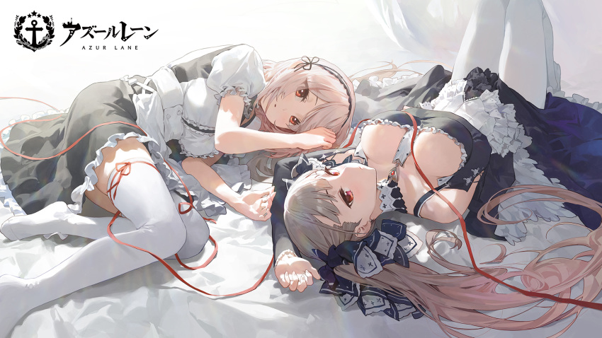 2girls azur_lane bangs bare_shoulders between_breasts black_dress breasts commentary_request dress earrings eyebrows_visible_through_hair formidable_(azur_lane) frilled_dress frills grey_hair hair_between_eyes hair_ribbon highres jewelry large_breasts long_hair looking_at_viewer lying mossi multiple_girls official_art on_back on_side parted_lips puffy_short_sleeves puffy_sleeves red_eyes red_ribbon ribbon ribbon-trimmed_legwear ribbon_trim short_hair short_sleeves sirius_(azur_lane) thigh-highs twintails two-tone_dress two-tone_ribbon very_long_hair white_hair white_legwear