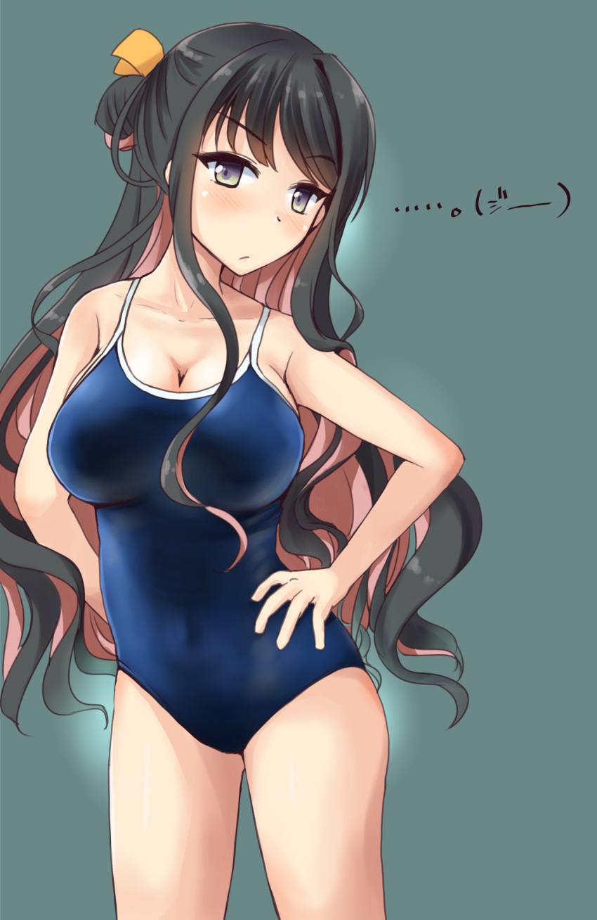 1girl :t alternate_costume alternate_eye_color black_hair blue_swimsuit blush bow breasts collarbone competition_swimsuit covered_navel eyebrows_visible_through_hair gradient gradient_background green_background grey_eyes hair_between_eyes hair_bow hand_on_hip highres kantai_collection large_breasts long_hair minase_(takaoka_nanase) multicolored_hair naganami_(kantai_collection) one-piece_swimsuit pink_hair school_swimsuit solo swimsuit two-tone_hair wavy_hair yellow_bow