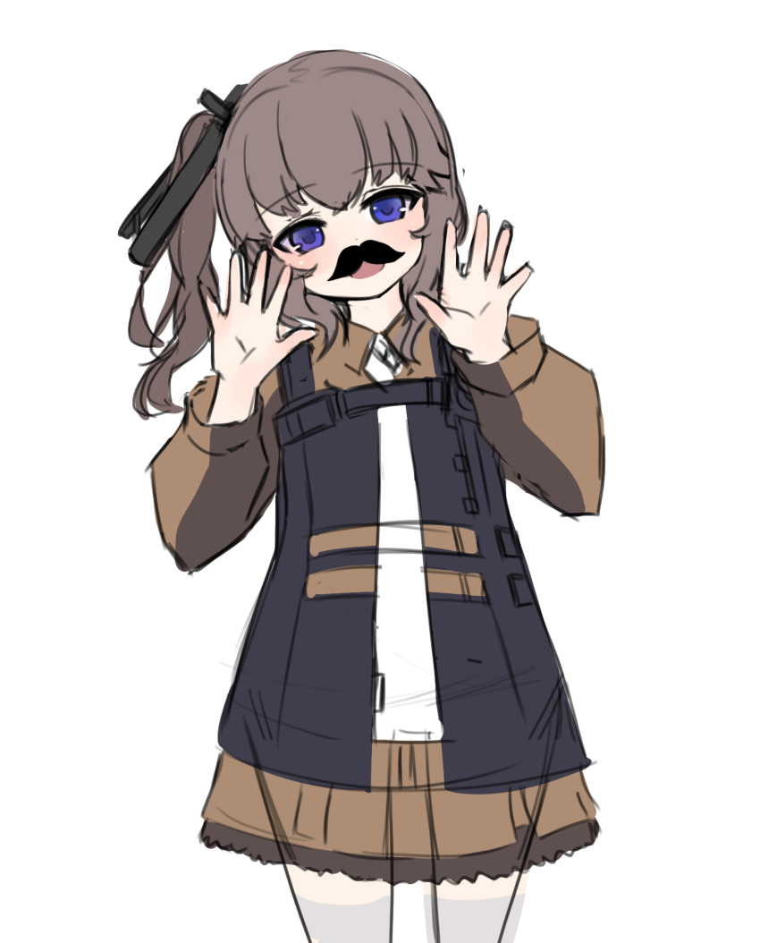 1girl ags-30_(girls_frontline) bangs black_ribbon blue_eyes brown_hair brown_shirt brown_skirt collared_shirt dokomon eyebrows_visible_through_hair fake_facial_hair fake_mustache girls_frontline hair_between_eyes hair_ribbon hands_up head_tilt highres long_hair long_sleeves looking_at_viewer one_side_up open_mouth ribbon shirt simple_background skirt solo upper_teeth white_background