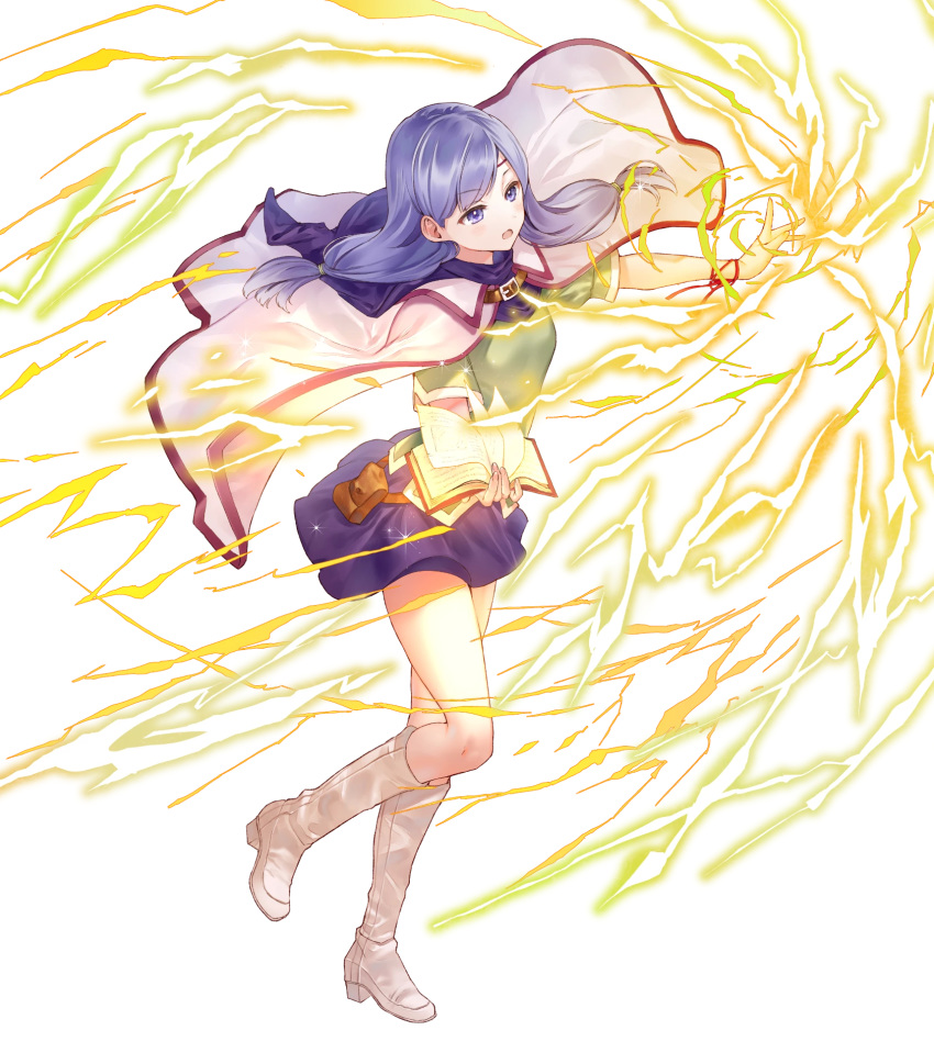 1girl bangs belt_pouch book boots cape capelet circlet eyebrows_visible_through_hair fire_emblem fire_emblem:_path_of_radiance fire_emblem_heroes hanekoto highres holding hood hood_down ilyana_(fire_emblem) jewelry knee_boots leg_up lightning long_hair looking_away magic miniskirt official_art open_book open_mouth pouch purple_hair purple_skirt shiny shiny_hair short_sleeves skirt solo sparkle tied_hair transparent_background violet_eyes white_footwear