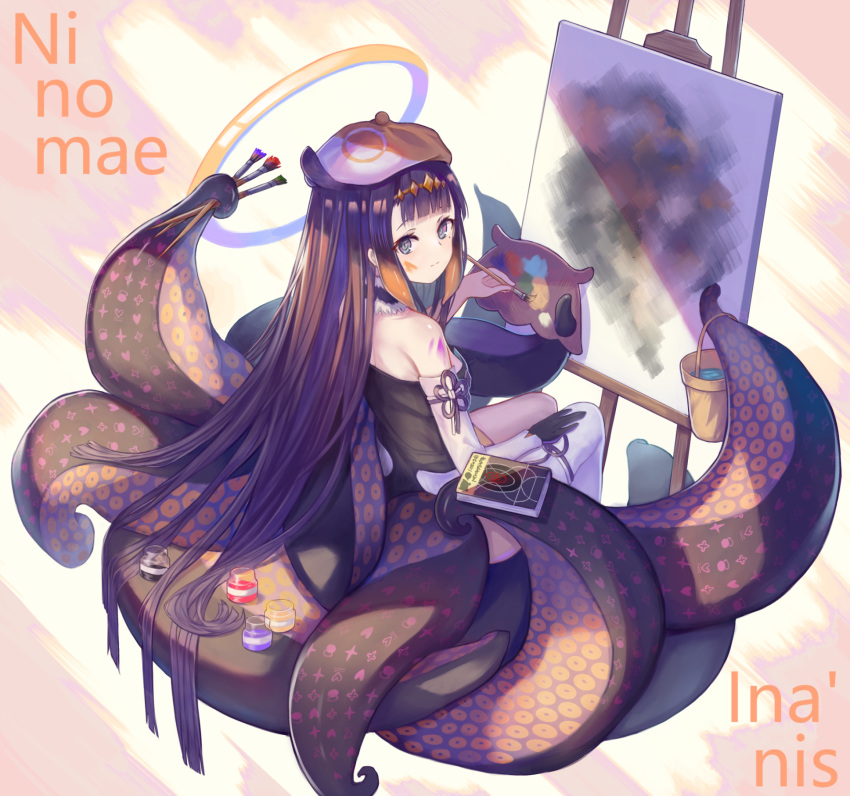 1girl bangs beret black_dress black_gloves blue_eyes blunt_bangs book breasts bucket canvas_(object) character_name dress easel gloves hand_on_lap hat highres holding hololive hololive_english long_hair looking_at_viewer looking_back mole mole_under_eye ninomae_ina'nis paint paintbrush palette pixerite purple_hair sidelocks single_thighhigh sitting small_breasts smile solo strapless strapless_dress table tentacles thigh-highs virtual_youtuber water white_legwear