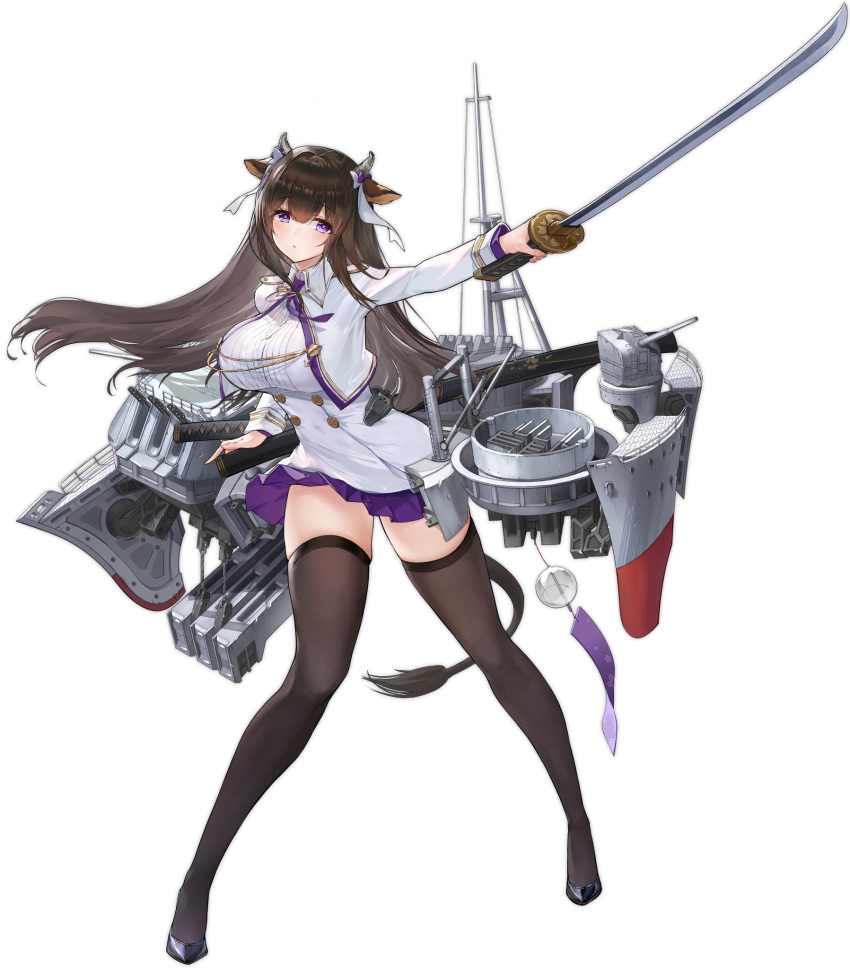 1girl animal_ears azur_lane black_footwear black_hair breasts brown_legwear cow_ears cow_girl cow_horns cow_tail cropped_jacket floating_hair full_body highres holding holding_sword holding_weapon horns jacket kashino_(azur_lane) katana large_breasts long_hair long_sleeves looking_at_viewer machinery mast official_art open_clothes open_jacket outstretched_arm pleated_skirt purple_skirt sheath shirt skirt solo standing sword tail thigh-highs transparent_background turret violet_eyes weapon white_jacket white_shirt wind_chime wing_collar yyy_(zelda10010) zettai_ryouiki