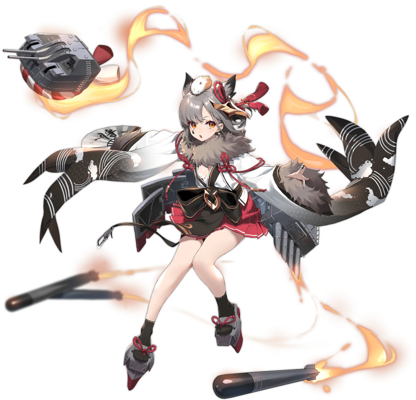 1girl animal_ears animal_on_head azur_lane bare_legs between_fingers black_footwear breasts facial_mark fan folding_fan full_body fur_collar fur_trim gradient grey_hair hair_ornament highres japanese_clothes long_sleeves looking_at_viewer miniskirt no_bra obi official_art on_head open_clothes open_mouth open_shirt outstretched_arms pleated_skirt red_skirt rudder_footwear sash shirt shisantian short_hair skirt small_breasts socks solo suzutsuki_(azur_lane) tabi tassel torpedo torpedo_tubes transparent_background turret white_shirt wide_sleeves