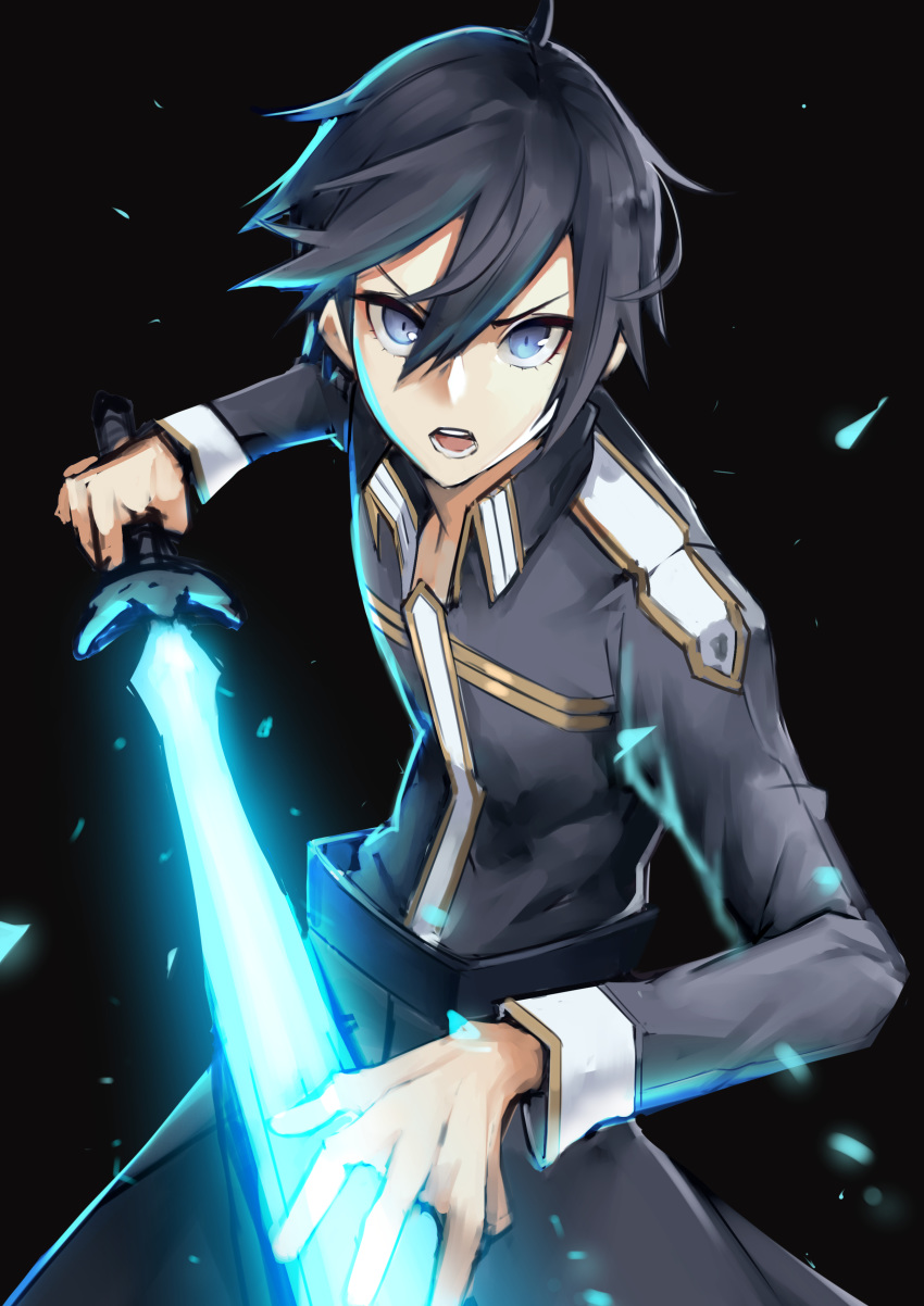 1boy absurdres belt black_background black_hair blue_eyes glowing glowing_sword glowing_weapon hair_between_eyes highres holding holding_sword holding_weapon homuntan kirito open_mouth solo sword sword_art_online sword_art_online:_alicization teeth tongue weapon