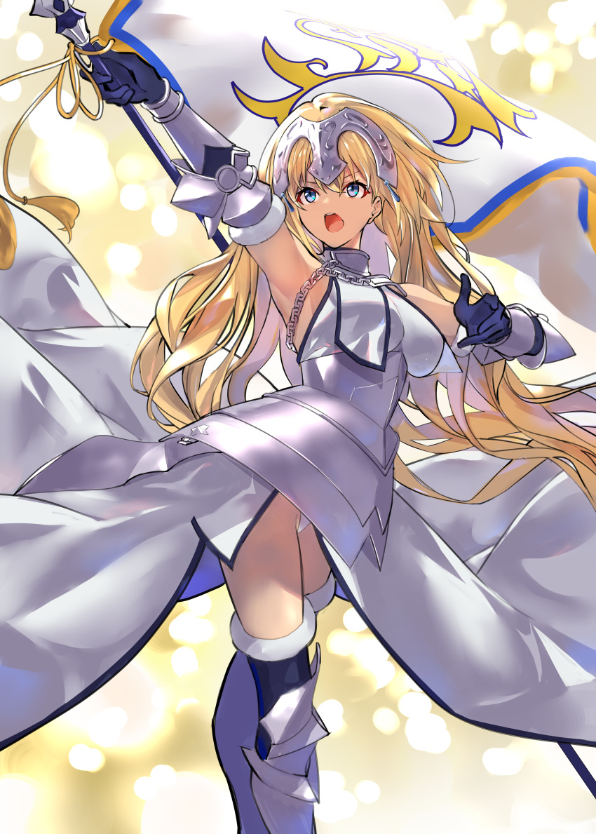 1girl absurdres arm_up armor bangs blonde_hair blue_eyes breasts chain collar dress elbow_gloves fate/apocrypha fate_(series) faulds flag gauntlets gloves headpiece highres huge_filesize jeanne_d'arc_(fate) jeanne_d'arc_(fate)_(all) jikatarou large_breasts long_hair metal_collar open_mouth plackart thigh-highs thighs very_long_hair white_dress