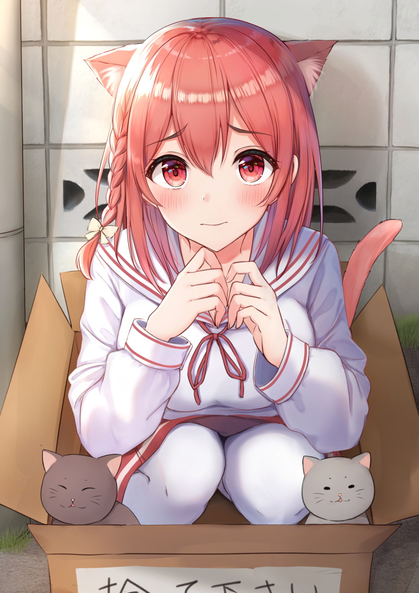 1girl 3: absurdres animal animal_ear_fluff animal_ears bangs black_cat blush bow box braid breasts cardboard_box cat cat_ears cat_girl cat_tail closed_mouth day eyebrows_visible_through_hair grey_cat hair_bow highres in_box in_container kanojo_okarishimasu kemonomimi_mode large_breasts long_hair long_sleeves looking_at_viewer medium_skirt outdoors pantyhose red_eyes red_ribbon red_skirt redhead ribbon sailor_collar sakurasawa_sumi school_uniform serafuku shirt side_braid sitting skirt solo tail wall white_bow white_legwear white_sailor_collar white_shirt yukiunag1