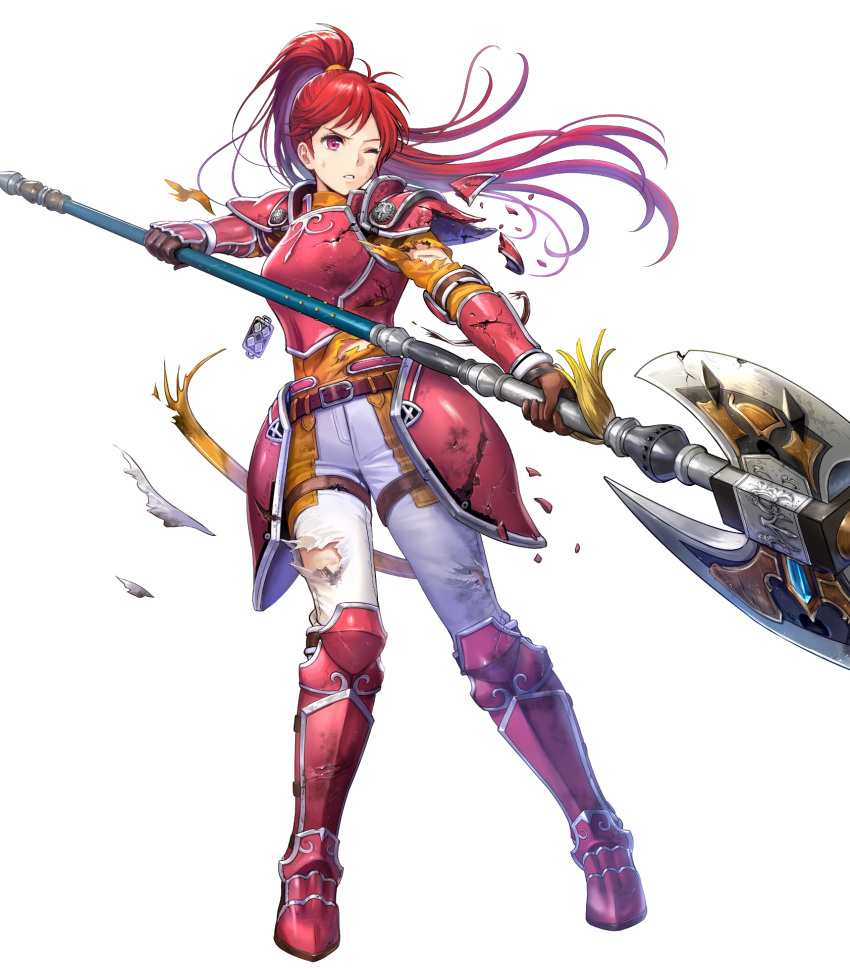1girl armor armored_boots asatani_tomoyo axe bangs battle_axe belt boots breastplate broken broken_armor broken_weapon elbow_pads fire_emblem fire_emblem:_path_of_radiance fire_emblem_heroes gauntlets hand_up high_ponytail highres holding holding_weapon jill_(fire_emblem) long_hair long_sleeves looking_away official_art one_eye_closed pants parted_lips ponytail red_armor red_eyes redhead scar shiny shiny_hair shoulder_armor solo sweat sweatdrop tied_hair torn_clothes torn_pants torn_sleeves transparent_background weapon white_pants