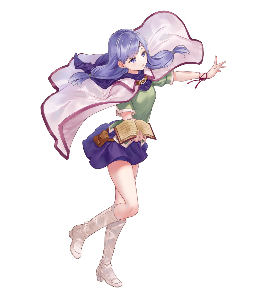 1girl bangs belt_pouch book boots cape capelet circlet eyebrows_visible_through_hair fire_emblem fire_emblem:_path_of_radiance fire_emblem_heroes hanekoto highres holding holding_book hood hood_down ilyana_(fire_emblem) jewelry knee_boots leg_up long_hair looking_away miniskirt official_art open_book parted_lips pouch purple_hair purple_skirt shiny shiny_hair short_sleeves skirt solo tied_hair transparent_background violet_eyes white_footwear